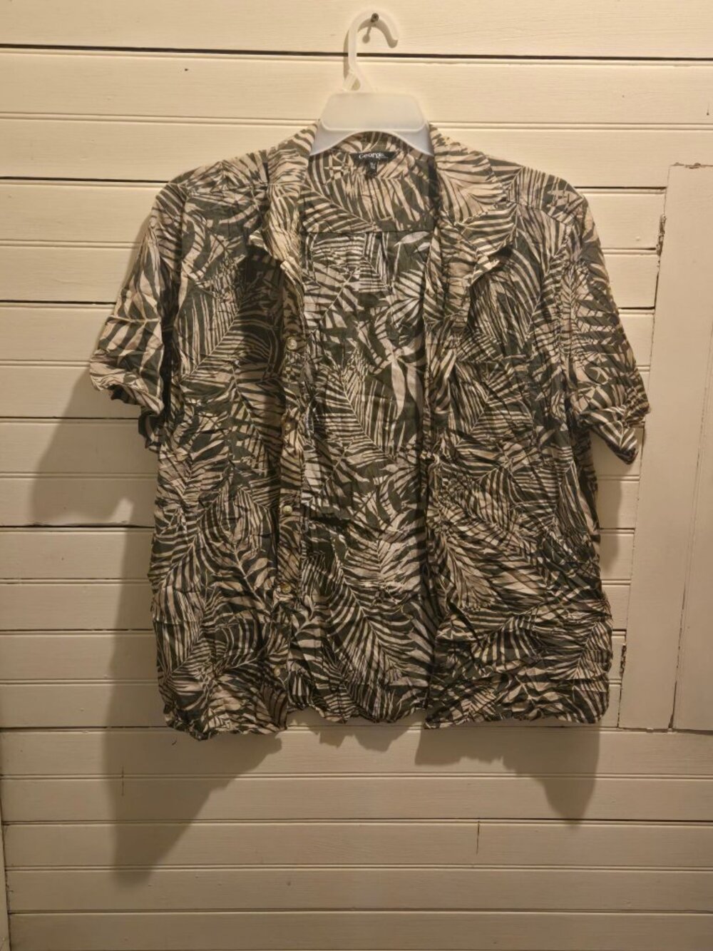 Vintage George Casual Shirt Mens XL Short Sleeve Hawaiian Palm Leaf Green Tan
